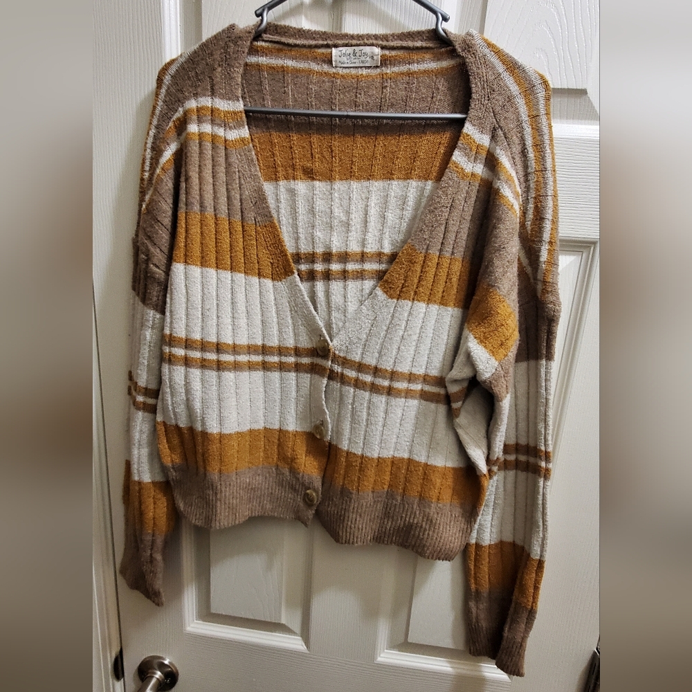 Stylish Striped Cardigan in Brown, Mustard Yellow and Cream